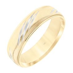 men's wedding band in 18k yellow gold with an etched pattern and satin finish