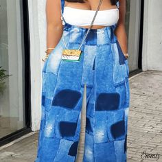 Eromis - Chic and Trendy Denim Print Wide Leg Overall Jumpsuit, Stylish Casual Attire for the Spring & Summer Season, Exquisite Womens Clothing Denim Diy Clothes, Denim Clothes, Denim Print, Overall Jumpsuit, Trendy Denim, Denim Diy, Casual Attire, Denim Outfit, Summer Season