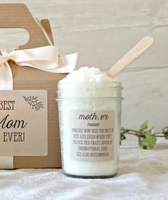 This heartfelt spa gift set for Mom comes with an 8 oz candle, box of matches, 8 oz sugar scrub with spoon and with or without the matching gable box, with your special message, and per our customers requests the add on's of lipbalm and our moisturizing pure goatsmilk soap. The Candle reads - Mother's are like angels; they sparkle, twinkle, glow. They are the greatest gifts our hearts will ever know. The Sugar Scrub reads - Mother noun - Someone who sees the best in her kids even when they drive Box Of Matches, 8 Oz Candle, Mom Gifts Box, Candle Reading, Spa Gift Set, Appreciation Thank You, Spa Gift Box, Gable Boxes, Spa Gifts Set