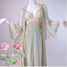 Heirloom Vintage 1930’s Bridal Trousseau Silk Peignoir Set Nightgown And Robe Channeling The Greek Goddess Athena. This Is A Piece Of Collectible, Wearable Art! This Was Purchased From Salon Of The Dames In 2016 And Has Been Safely Stored And Unworn Since. Please Note That This Item Is Nearing A Century In Age And Does Have Minor Reflections Of Its Age. Based On Age It’s Condition Is Remarkable. There Is A 1cm Mark On The Middle Of The Skirt At The Back. A Small Amount Of Fray Near Straps. Vintage V-neck Wedding Sleepwear, Vintage Lace V-neck Nightgown, Vintage V-neck Nightgown For Spring, Fitted Vintage V-neck Nightgown, Vintage V-neck Wedding Nightgown, Fitted Vintage Robe For Daywear, Vintage Nightgown For Wedding Night, Vintage V-neck Nightgown With Lace Trim, Vintage Daywear Robe With Lace Trim