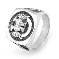 Experience the power and prestige of the 32nd Degree Scottish Rite with our retro silver titanium steel ring. Adorned with the iconic double headed eagle, this ring is a symbol of strength and wisdom. Elevate your style and showcase your dedication to the Freemason ideals with this unique piece.We ship worldwide to 185 countries! Please allow 1-2 business weeks for your order to arrive. Durable Classic Stainless Steel Jewelry, Classic Durable Silver Jewelry, Adjustable Stainless Steel Engraved Ring, Durable Silver Metal Ring, Vintage Stainless Steel Promise Ring, Silver Stainless Steel Skull Ring, Vintage Silver Skull Ring In Stainless Steel, Durable Silver Promise Ring, Vintage Silver Engraved Ring In Stainless Steel