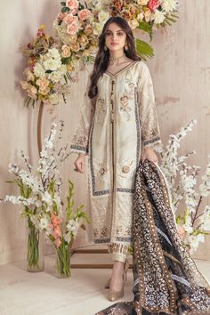 Vanilla Satin | Pakistani Designer Outfit | Sarosh Salman Stylish Indian Outfits, Net Shirt, Anarkali Lehenga, Designer Outfit, Embroidered Motifs, Shirt Pant, Printed Dupatta, Eid Dresses, Pakistan Fashion