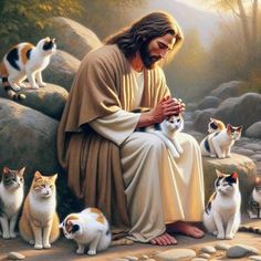 a painting of jesus with many cats in front of him and the cat on his lap