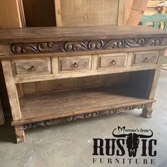 an old wooden dresser with ornate carvings on the top and bottom drawers, in a shop