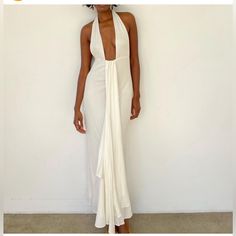 Savannah Morrow The Label Mariella Sleeveless Open Back Halter Maxi Dress White Womens Xs Msrp: $565 Item Condition: New With Tags Brand: Savannah Morrow Size: Xs Color: White Sleeveless Maxi Length Open Back Flowy Tie Back Closure Halter Neck 100% Bamboo Dry Clean Ribbed, Stretchy And Soft Adjustable Front This Stunning Dress Combines Minimalist Design With Luxurious Details, Perfect For Both Formal Events And Casual Occasions. Feminine, Date Night, Brunch, Mature, Modern, Retro, Classy, Design Fitted Halter Neck Lined Maxi Dress, White Backless Sleeveless Evening Dress, White Sleeveless Backless Dress For Date Night, White Sleeveless Backless Cocktail Dress, White Backless Cocktail Dress For Summer, White Backless Dress For Summer Cocktails, Fitted White Sleeveless Dress For Evening, White Sleeveless Halter Dress For Evening, White Backless Halter Dress For Evening