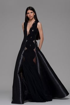 Deep V neckline side patterned A line dress - HerTrove Dress And Necklace, Isabel Sanchis, V Neck Black Dress, Cold Shoulder Gown, Tulle Ball Gown, Plunging Neck, Glamour Dress, Black Embroidery, Gowns With Sleeves