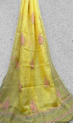 Beautiful Soft pure  organza silk  Saree 🥻  with blouse  Lucknowi chikan n Mukesh work dyeble Slub Silk Dupatta For Spring Weddings, Spring Wedding Dupatta In Slub Silk, Wedding Dupatta In Slub Silk For Spring, Spring Wedding Slub Silk Dupatta, Yellow Embroidered Unstitched Slub Silk Suit, Yellow Embroidered Slub Silk Unstitched Suit, Spring Bollywood Dupatta With Cutdana, Bollywood Style Cutdana Dupatta For Spring, Spring Bollywood Cutdana Dupatta