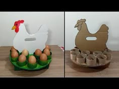 an egg carton with eggs in it next to a cardboard chicken