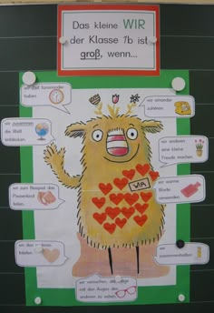 a bulletin board with an image of a monster on it's face and words written in german