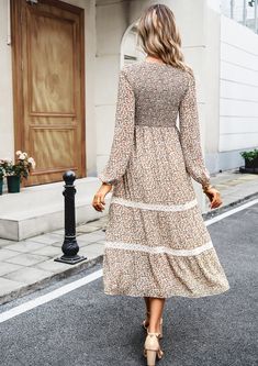 Elegant Round Neck Dress - Autumn/Winter - Brown,S Casual Brown Winter Dress, Non-stretch Brown Winter Dress, Beige A-line Maxi Dress For Fall, Beige A-line Winter Dress, Vintage V-neck Winter Dress, Beige Long Sleeve Maxi Dress For Spring, Beige A-line Dress For Winter, Beige Knee-length Fall Dresses, Casual Long Sleeve Beige Dress