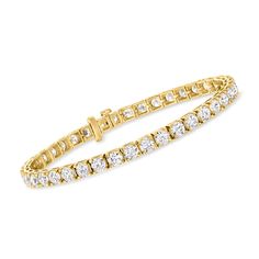 Ross-Simons - 10.00ct t. w. Lab-Grown Diamond Tennis Bracelet in 14kt Yellow Gold. 7". Exceptional in every way, our ample 10.00 ct. t. w. round brilliant-cut lab-grown diamond tennis bracelet is a true stunner. The classic style shines in gleaming 14kt yellow gold and finishes with a single-latch safety and push-button clasp. Lab-grown diamonds are identical to mined diamonds according to their optical, physical and chemical properties. All Ross-Simons lab-grown diamond jewelry includes an IGI Classic Yellow Gold Tennis Bracelet For Formal Events, Classic Yellow Gold Diamond Bracelet With Prong Setting, Classic Yellow Gold Diamond Cut Tennis Bracelet, Classic 14k Gold Flexible Diamond Bracelet, Flexible Classic Diamond Bracelet In 14k Gold, Flexible 14k Gold Tennis Bracelet For Formal Occasions, Physical And Chemical Properties, Pure Design, Bracelet Diamond