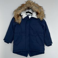 Crewcuts Kids Fishtail Parka Jacket Hooded Lined Sherpa With Removable Faux Fur Trim Full-Zip Closure & Snap Button Overlap Lapel Cover Flap Snap Button Pockets Front Fully Lined Inner Fishtail Cut Hem At The Back Ribbed Cuff For Extra Stretch Materials; Acrylic, Modacrylic, Polyester, Faux Fur Size 6-7 Made In Vietnam New With Tag Blue Hooded Outerwear With Faux Fur Trim, Blue Outerwear With Faux Fur Trim For Cold Weather, Blue Long Sleeve Parka With Fleece Lining, Blue Outerwear With Faux Fur Lining For Cold Weather, Blue Winter Parka With Fleece Lining, Fishtail Parka, Navy Quilt, Boys Vest, Navy Jacket