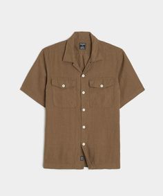 Linen Panama Shirt in Hopsack Casual Camp Shirt With Johnny Collar And Pockets, Casual Linen Camp Shirt, Casual Brown Tops With Patch Pockets, Camp Collar Shirt With Button Closure For Casual Gatherings, Brown Camp Shirt With Pockets For Summer, Brown Camp Collar Top With Pockets, Casual Khaki Shirt With Welt Pockets, Classic Camp Shirt With Pockets For Everyday, Casual Camp Shirt With Welt Pockets