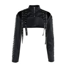 Indulge in alternative aesthetics with our Gothic Punk Leather Rivet Shrug Jacket. Featuring cut-out shoulder details and a bold crop length, this jacket adds a touch of edginess. The zipper front and rivet detailing exude a rebellious vibe, while the black PU leather delivers a sleek, fierce look. Perfect for gothic, punk, and rock styles, this piece is a must-have for your edgy wardrobe. Cut-out shoulder details Crop length for an edgy look Zipper front closure Rivet detailing for rebellious s Edgy Wardrobe, Punk Clothes, Shrug Jacket, Elegant Halloween, Leather Rivets, Fancy Clothes, Punk Inspiration, Smock Top, Sleeveless Hoodie