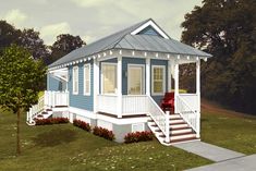 a small blue and white house with steps leading up to it's front porch