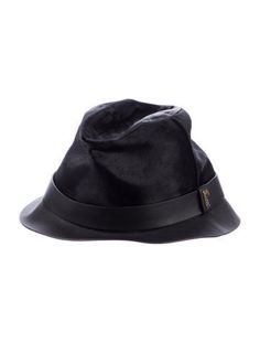 Women's black calf hair Gucci Fedora with leather trim accent at brim, gold-tone metal logo accent at crown and satin lining at interior. Designer size M. Includes box. Metal Logo, Calf Hair, Fedora Hat, Metallic Logo, Gold Tone Metal, Leather Trim, Interior Designer, Leather Trims, Fedora