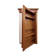 an open wooden book shelf with shelves on each side and doors at the top to both sides