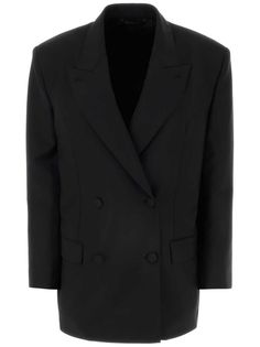 black wool-mohair blend peak lapels double-breasted button fastening shoulder pads long sleeves buttoned cuffs two front flap pockets two internal jetted pockets American rear vent straight hem satin lining Givenchy Jacket, Oversize Blazer, Blazer Black, Oversized Blazer, Sneaker Wedge, Casual Street Style, Ski Wear, Black Blazers, French Fashion