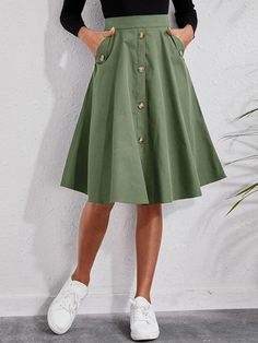 SkuCY-!112186MaterialCotton StyleA-line FeatureButtoned , Pleated , Solid Color OccasionCasual SeasonsSummer TypeSkirts ColorARMY GREENSizeS,M,L,XL Please consult the size chart we provide for this item's measurements to help you decide which size to buy.Please note: There may be 1-3cm differ due to manual measurement.CMINCHWaistHipsLengthS7012265M7412666L7813067XL8213468 Wide Waistband Skirt, Elegant Midi Skirt, Ruffle Hem Skirt, Umbrella Skirt, Knee Skirts, Mid Length Skirts, Plus Size Skirts, Work Outfits Women, Green Skirt