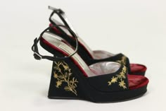 ➸ Description: Beautiful eccentric wedges shoes by Dolce and Gabbana dated from the late 90s' early 00s'. Black silk embroidered with gold metallic threads. Straps around the ankle, red velvet foot bed. Condition: Very Good, some wear on the foot bed and external soles (see pictures) ➸Measurements: Heels 24cm / Ball of feet 12cm / Insole Length 7.5cm Visit my instagram @bazvintage Dolce And Gabbana Runway, Lizzie Hearts, Womens Espadrilles Wedges, Funky Shoes, Wedges Shoes, Aesthetic Shoes, Shoe Inspo, Swag Shoes, Dolce E Gabbana