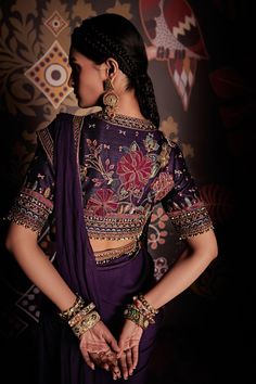 Purple Drapes, Ridhi Mehra, Draped Saree, Blouse Embroidery, Blouse Designs Indian, Elegant Blouse Designs, Unique Blouse Designs, Designer Saree Blouse Patterns, Saree Blouse Designs Latest