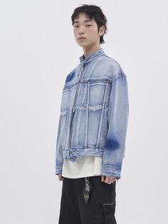 It is an oversized denim jacket with biker jacket design. The jacket is in light washed blue color with spot washed design. It has snap button tabs on the neck and hem and hidden chest pockets.- Two-way zipper closure- Snap buttons on the neck- Vertical seam point- Side pockets Casual Oversized Biker Jacket With Pockets, Denim Long Sleeve Biker Jacket For Streetwear, Casual Denim Biker Jacket For Streetwear, Urban Denim Biker Jacket With Pockets, Light Wash Distressed Outerwear For Streetwear, Streetwear Washed Blue Denim Jacket, Oversized Urban Washed Blue Denim Jacket, Casual Blue Biker Jacket With Pockets, Urban Light Wash Distressed Denim Jacket