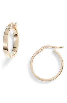 Timeless elegance defines these highly polished hoop earrings handcrafted from luminous 14-karat gold. 3/4" hoop diameter; 1/8" width Snap-post closure 14k gold Made in Italy Minimalist 14k Gold Hoop Earrings With Shiny Finish, Everyday Small Hoop Hinged Jewelry, Everyday Small Hoop Hinged Earrings, Classic Gold Small Hoop Huggie Earrings, Elegant Huggie Hoop Earrings With Spring Ring Clasp, Classic Rose Gold Hoop Earrings, Classic Hinged 14k Gold Hoop Earrings, Classic 14k Gold Hinged Jewelry, Classic Small Hoop Huggie Earrings In 14k Gold