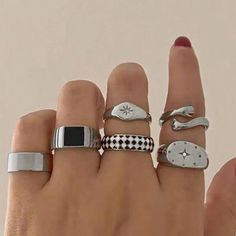 Free Returns ✓ Free Shipping✓. 6pcs Geo Decor Ring- Women Ring Sets at SHEIN. Black Gemstone Ring, Masculine Jewelry, Oil Drip, Streetwear Jewelry, Funky Rings, Chunky Silver Rings, Rings Style, Roman Style, Retro Ring