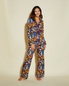 Our famous Bella PJ Printed Long sleeve top & pant for loungewear and sleepwear designed for Petites (5'3 and under). Printed, super soft Peruvian Pima cotton and modal with contrast or tonal flat, satin piping. Relaxed fit with shorter sleeves and shorter pants that fit petite frames. Drawstring waist pants with long sleeve button down top. Chest patch pocket on shirt. Cold water wash and hang to dry. Do not dry in dryer. Long Sleeve Printed Lounging Sets, Printed Long Sleeve Lounging Sets, Long Sleeve Printed Lounge Sets, Long Sleeve Printed Loungewear Sets, Long Sleeve Matching Set Sleepwear For Lounging, Long Sleeve Sleepwear Matching Set For Lounging, Printed Sets For Loungewear With Long Pants, Printed Loungewear Set With Long Pants, Printed Sets With Relaxed Fit For Lounging