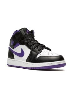 purple/white/black leather signature Swoosh logo detail signature Air Jordan Wings logo contrasting panel detail round toe front lace-up fastening logo patch at the tongue ankle-length branded insole rubber sole These styles are supplied by a premium sneaker marketplace. Stocking only the most sought-after footwear, they source and curate some of the most hard to find sneakers from around the world. Jordan Wings, Mid Sneakers, Wings Logo, Swoosh Logo, Kids Jordans, Air Jordan 1 Mid, Jordan 1 Mid, Air Jordan 1, Nike Air Force Sneaker