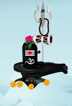 a black object with a red flower on it and a white pole in the background