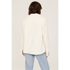 Off-white chambray (100% Cotton). Top. Long sleeves. Collar. Front button closure. 33.5" from shoulder to hemline. Imported. White Tops With Roll-up Sleeves For Everyday, Chic Everyday Blouse With Roll-up Sleeves, Chic Cotton Shirt With Roll-up Sleeves, Chic Cotton Shirt With Rolled Sleeves, Chic White Blouse With Roll-up Sleeves, Spring Cotton Blouse With Fold Down Collar, White Collared Top With Roll-up Sleeves, White Collared Shirt With Rolled Sleeves, White Button-up Shirt For Casual Gatherings