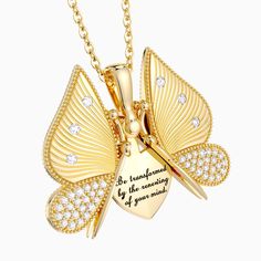 Discover the "Metamorphosis Butterfly Engraved Necklace," a celebration of rejuvenation and the beauty of spring. At first glance, this exquisite necklace reveals a butterfly in mid-flight, its wingspan detailed with precision and grace, the symbol of transformation and new beginnings.The wings, resplendent with pavé-set stones and intricate line work, reflect the first light of dawn, heralding the arrival of spring. This pendant captures the essence of the butterfly's dance — a delicate, yet powerful representation of nature's perpetual rebirth.But there is more to this piece than meets the eye. With a gentle motion, the butterfly's wings unfold to reveal a hidden message within, "Be transformed by the renewing of your mind." It's a personal reminder of growth and the power of change, ins Metamorphosis Butterfly, The Metamorphosis, Hidden Message, The Wings, Engraved Necklace, A Butterfly, Butterfly Wings, New Beginnings, Flight