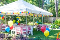 a party tent set up with balloons and table cloths for an outdoor birthday party