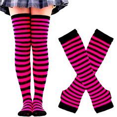 Over-The-Knee Striped Socks And Gloves Hot Pink & Black Striped Lace Up Back Bandana Backless Crop Top Nwt Hot Pink / Small Trendy Knee-high School Socks, Fitted Pink Knee-high Socks For Fall, Fall Season Pink Stretch Knee-high Socks, Black Knee-high Socks For School, Trendy Black Knee-high School Socks, Trendy Black Knee-high Socks For School, Pink Fitted Footless Stockings, Fitted Footless Pink Stockings, Trendy Knee-high Socks For School In Winter