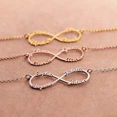 "Engraved Delicate Nameplate Jewelry Gifts for Her: Custom made three to four names infinity nameplate necklace in 18k gold, rose gold, sterling silver 925. The perfect gift for mom, grandma, wife, sister, best friend or yourself. ✨ SIZE & MATERIALS ✨ ★ Material: Sterling Silver 925, 18K Gold Plated Sterling Silver 925, 18K Rose Gold Plated Sterling Silver 925, 18K Gold Vermeil Plated Sterling Silver 925 Thickness: 0.9mm / 0.04\" Height of pendant: 13.97mm x 39.88mm / 0.55\" x 1.57\" Chain s Personalized Infinity Rose Gold Jewelry, Personalized Rose Gold Infinity Jewelry, Elegant Infinity Necklace With Custom Name, Customized Infinity Name Necklace, Customized Gold Infinity Jewelry, Elegant Infinity Customized Name Necklace, Elegant Infinity Name Necklace With Custom Name, Gold Infinity Name Necklace As Personalized Gift, Gold Infinity Jewelry With Name