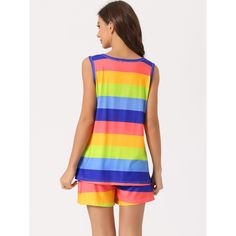 Elevate your loungewear collection with the Cheibear Women's Rainbow Stripe Tank Tops with Shorts Pajama Sets. This delightful set, designed for the modern woman, combines comfort and style seamlessly.

- **Material:** Soft blend of 65% Cotton and 35% Polyester
- **Features:** Sleeveless top, shorts with pockets, and vibrant rainbow stripe print
- **Color:** Night (Blue)
- **Gender:** Female
- **Size:** Large

Crafted to provide a breathable and skin-friendly experience, this pajama set ensures Comfortable Multicolor Sleepwear For Pajama Party, Comfortable Pajama Shorts For Beach Season, Comfortable Pajama Shorts For Beach Season Loungewear, Beach Season Loungewear Short Set, Comfortable Multicolor Summer Sleepwear, Casual Blue Sleepwear For Vacation, Casual Short Set For Sleepover, Blue Summer Pajama Shorts For Sleep, Multicolor Tops For Beach Season Loungewear