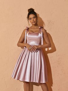 Satin Pleated Dress, Pleated Satin Dress, Dress Bow, Back Stretches, Satin Midi Dress, Satin Dress, Dress With Bow, Product Images, Invisible Zipper