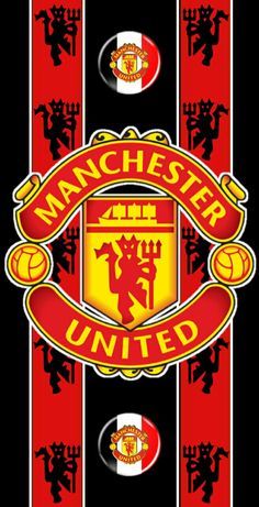 the manchester united logo on a black and red striped background