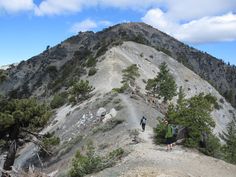 two people walking up the side of a mountain with trees on it's sides