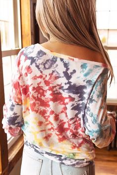 Multicolor Tie Dye Long Sleeve Top Multicolor Color Block Top For Fall, Colorful Long Sleeve Vacation Top, Multicolor Tops For Fall, Casual Multicolor Tops With Rainbow Print, Casual Multicolor Rainbow Print Tops, Multicolor Color Block Tops For Vacation, Colorful Long Sleeve Tops For Day Out, Relaxed Fit Multicolor Patterned Top, Casual Colorful Pattern Tops For Fall