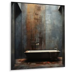 an old fashioned bathtub in front of a rusty wall