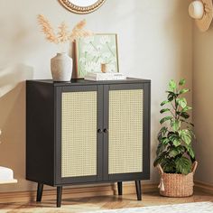 a black cabinet sitting next to a potted plant