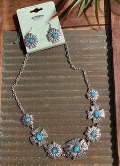 On Trend Western Cross Necklace Set Length: 16" (3" Extender) Western Jewelry Necklace Turquoise, Country Western Jewelry, Blue Oxidized Finish Jewelry, Southwestern Style Metal Jewelry For Gifts, Southwestern Style Metal Jewelry As Gift, Southwestern Style Jewelry With Oxidized Finish, Southwestern Style Jewelry With Adjustable Chain, Southwestern Jewelry With Adjustable Chain, Southwestern Style Metal Jewelry Gift