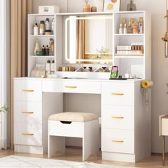 a white vanity with a mirror, stool and shelves filled with beauty products on it