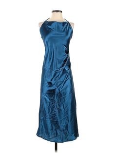 Cinderella Divine Cocktail Dress Size: Small Blue Dresses - used. 100% POLYESTER, Party, Scoop Neck, Long, Sleeveless | Cinderella Divine Cocktail Dress - Party: Blue Dresses - Used - Size Small Blue Satin Midi Dress For Party, Silk Ruched Maxi Dress For Party, Sleeveless Evening Dress For Prom Season Dinner, Blue Satin Ruched Maxi Dress, Blue Ruched Satin Maxi Dress, Blue Ruched Midi Dress For Prom, Blue Ruched Dresses For Prom Season, Blue Ruched Maxi Dress For Evening, Blue Halter Neck Dress For Prom Season