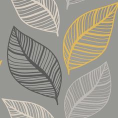 a gray and yellow wallpaper with leaf designs on it's sides, all in different shades