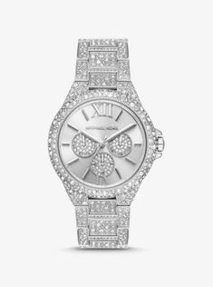 Oversized Camille Pavé Silver-Tone Watch | Michael Kors Pave Bracelet, Michael Kors Fashion, Top Rings, White Dial, Steel Watch, Stainless Steel Watch, Adjustable Bracelet, Michael Kors Watch, Stainless Steel Bracelet