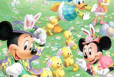 an image of mickey mouse and friends in the grass with easter eggs on it's back