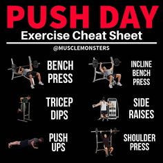 the push day exercise chart shows how to do exercises for chest and back, including bench presss